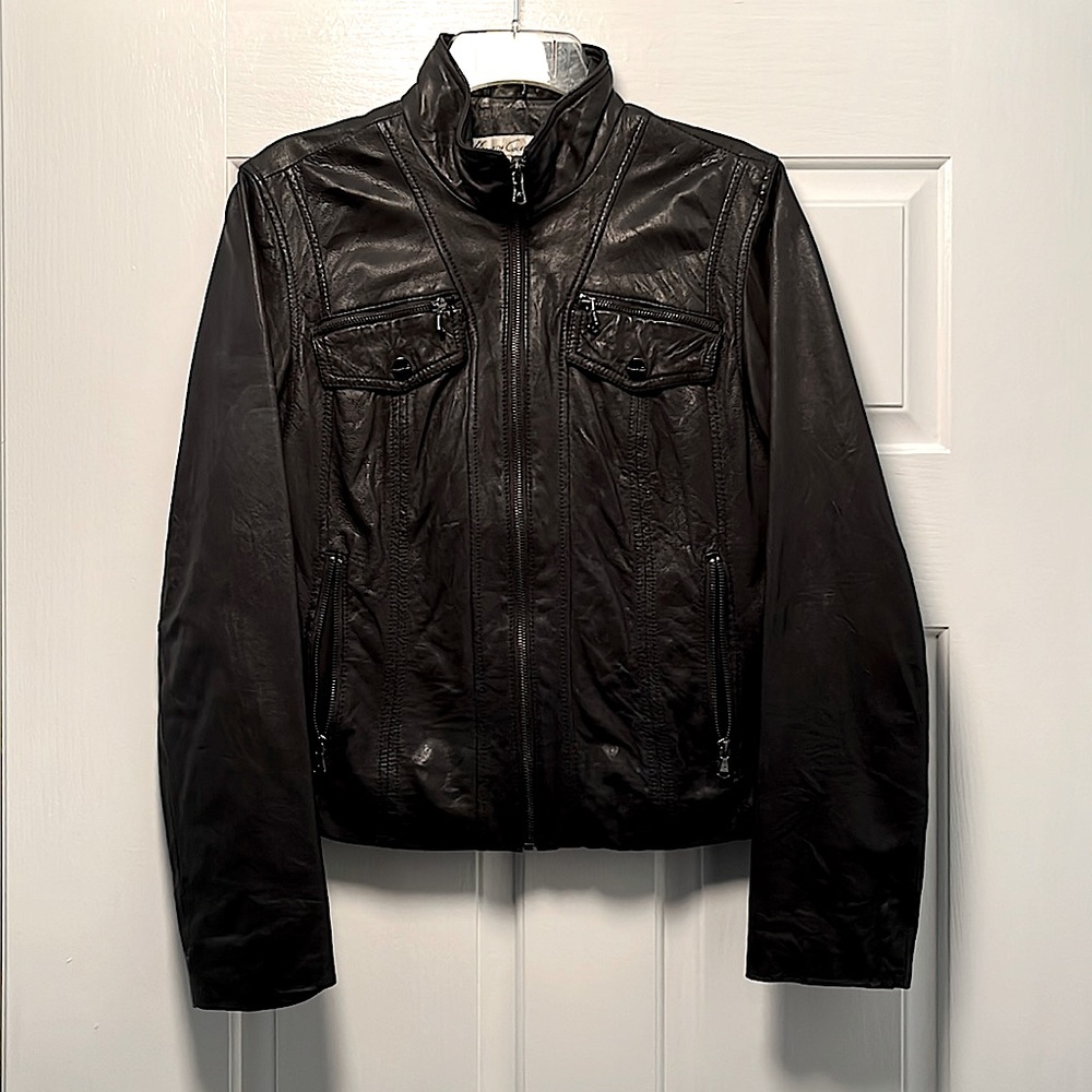 Kenneth Cole Jet Black Leather Short classic jacket pristinecondition Size Small
